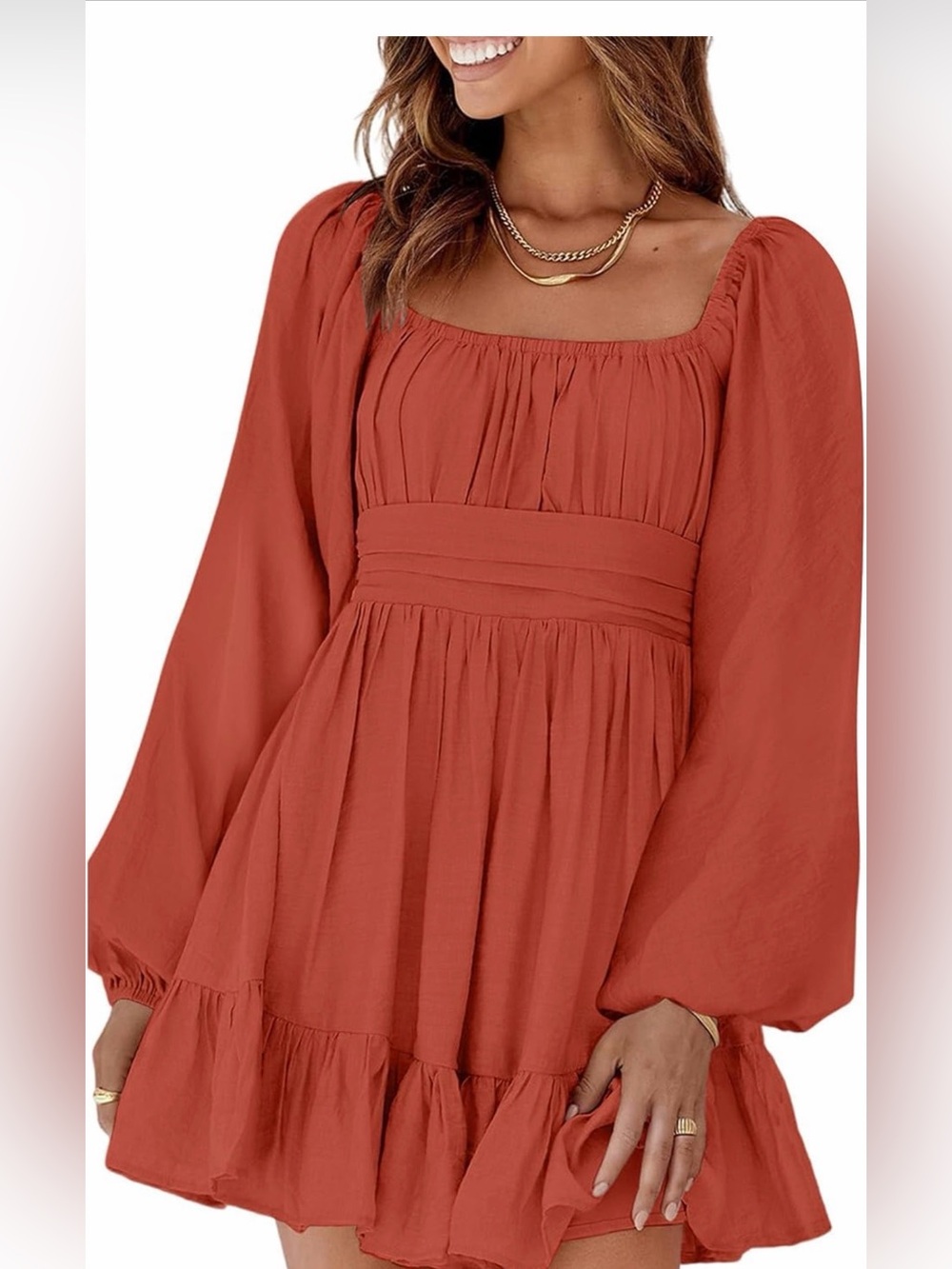 NWT Square-Neck Long Sleeve Ruffled Off Shoulder Back tie Mini Dress Orange, Med